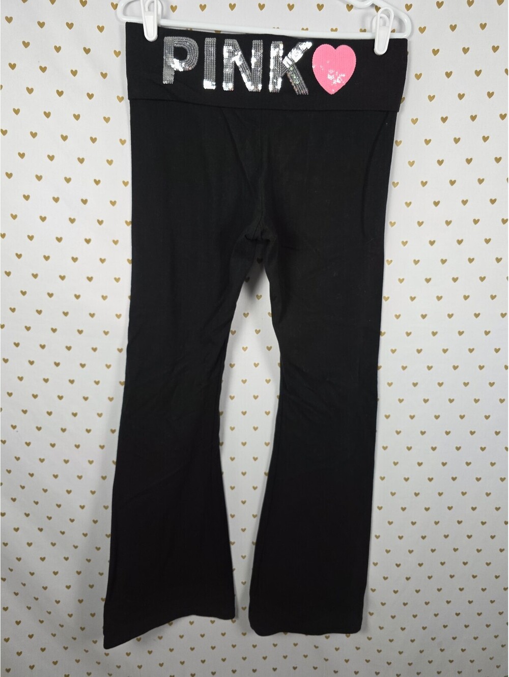 Victorias Secret PINK BLING heart FOLDOVER Yoga Pants FLARE Campus Originals LRG